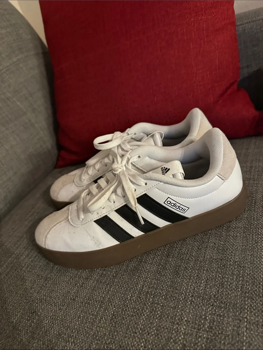 adidas White Sneakers with Black Stripes and Brown Sole